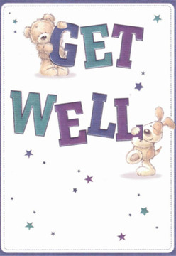 There is an unmistakable sense of comfort and sweetness woven through this illustrated get well card, capturing the local spirit of West Green. The artwork features a gentle teddy bear, carefully clutching the top of bold 'GET' lettering, while a cuddly puppy with floppy ears rests affectionately against the vibrant 'WELL' below. Both are drawn with expressive eyes and soft, rounded features, radiating encouragement and hope. The lively teal and rich purple hues of the type evoke the soothing colours often found in Florist West Green's window arrangements, set off by a bright, inviting white backdrop that suggests the promise of renewal. Above and around, scattered star motifs sparkle playfully, echoing the feeling of sending best wishes from West Green's friendly heart-perhaps not far from the bustle of Turnpike Lane. The overall atmosphere is light, nurturing, and thoughtfully joyful, like receiving a bouquet lovingly arranged to lift the spirits. Each brushstroke and choice of colour is an act of care, much like selecting the perfect flowers to brighten the recovery of a loved one in our local community.